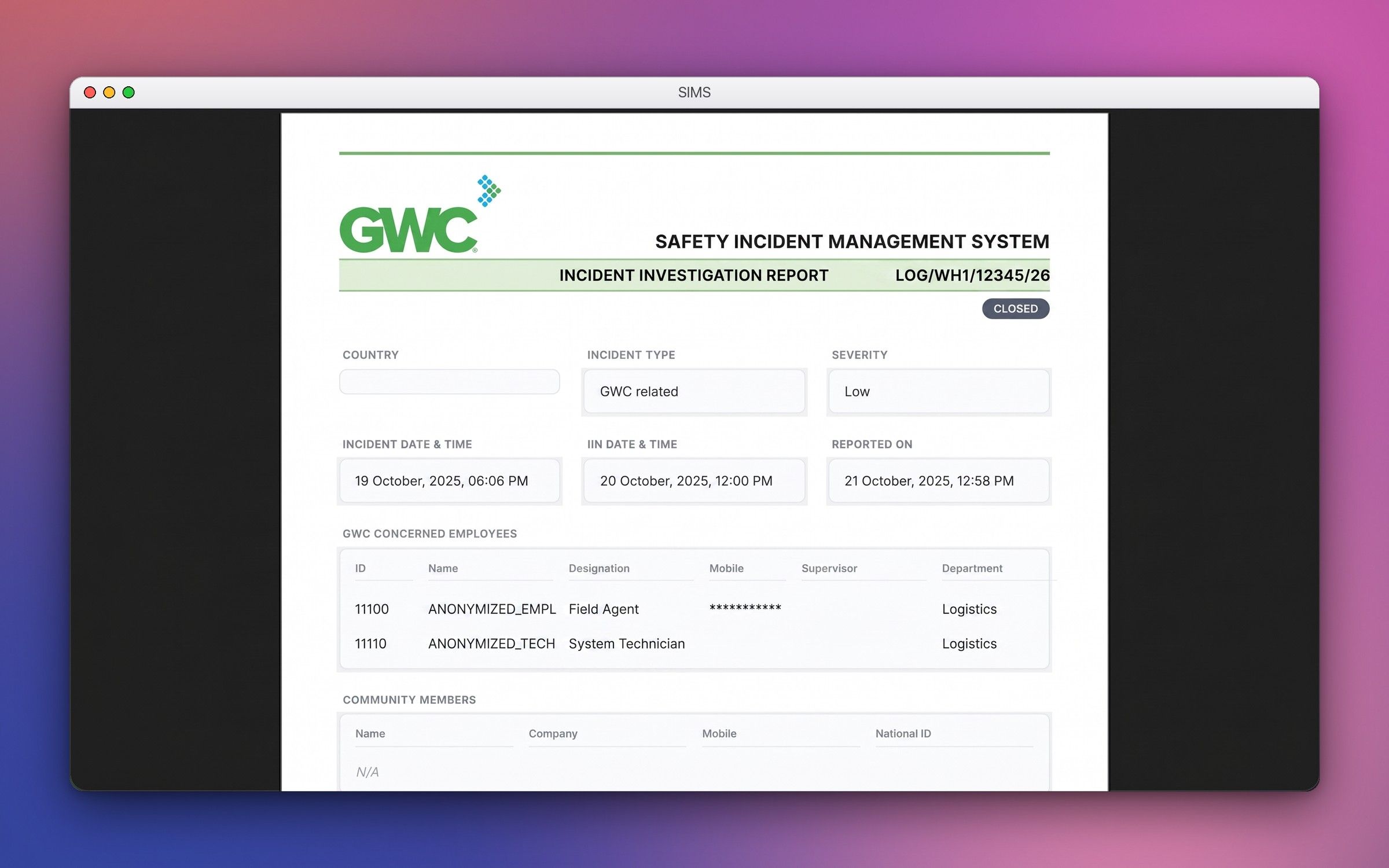 Safety Incident Management System